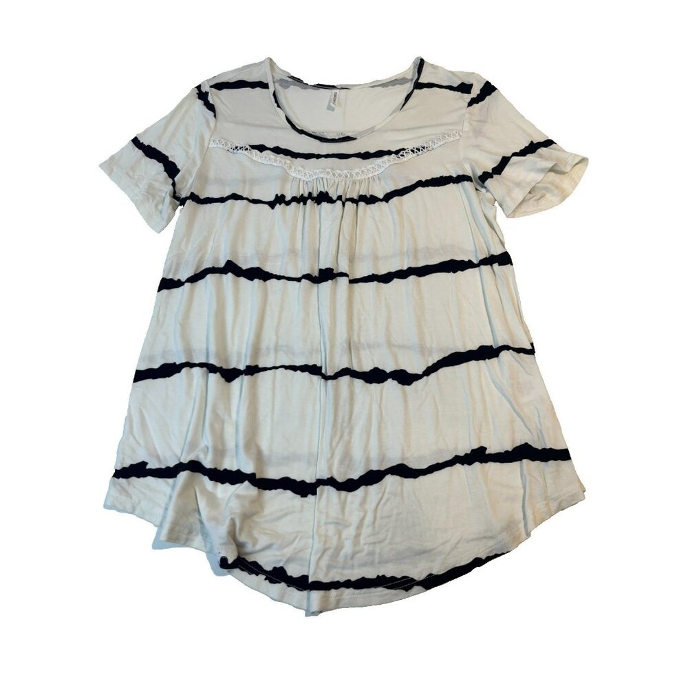 Taohuadao Women's White‎ Striped Short Sleeve Blouse Size XL